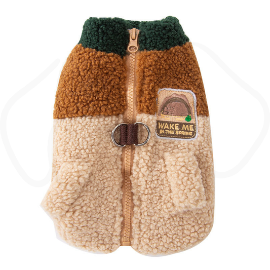 Wake Me In The Spring™ Squirrel Patch Pet Fleece Jacket | Color-Block Dog Coat With Leash Ring & Pockets