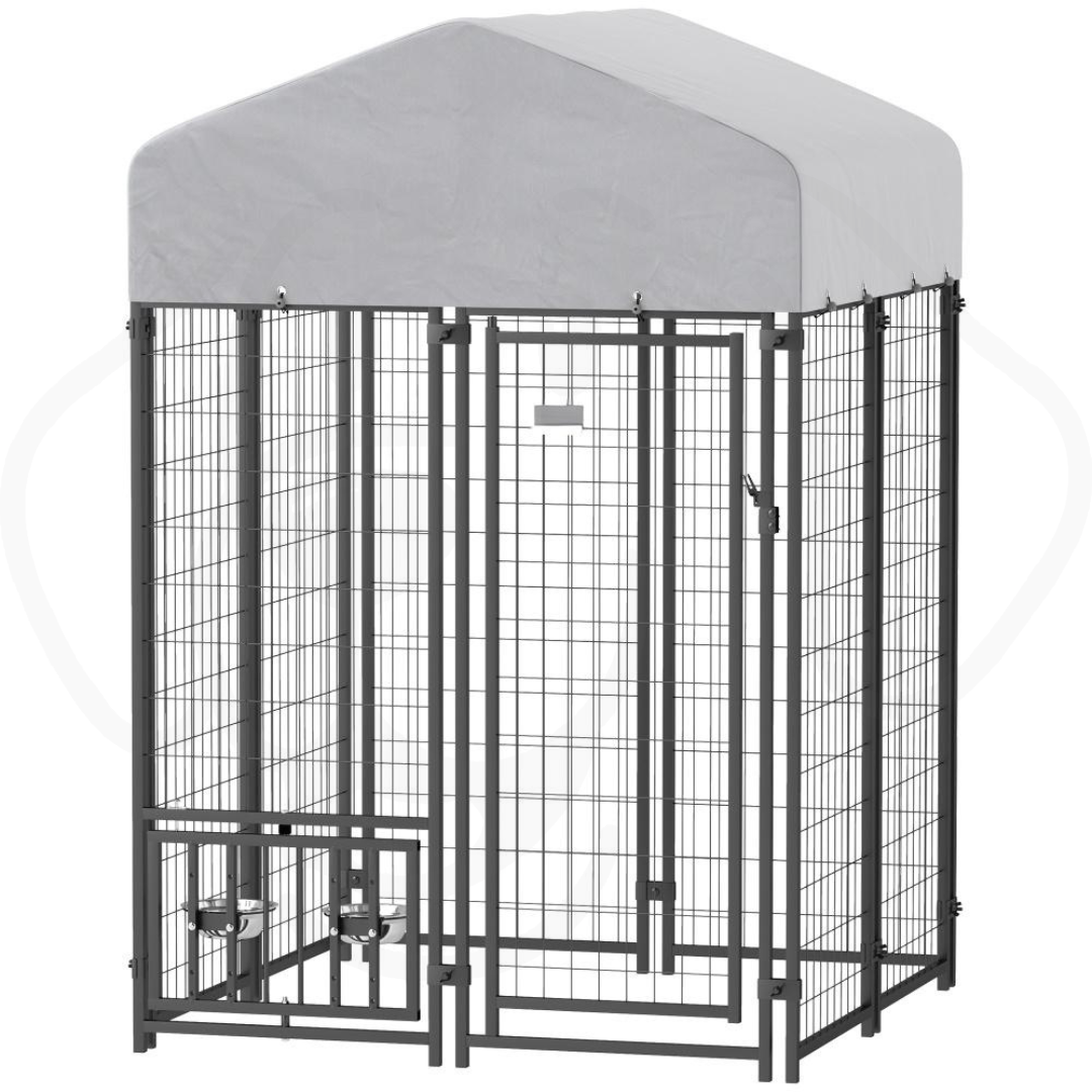 Outdoor Welded Wire Dog Kennel – 360° Rotating Bowls, Adjustable Feeding Rack & Waterproof PE Cover