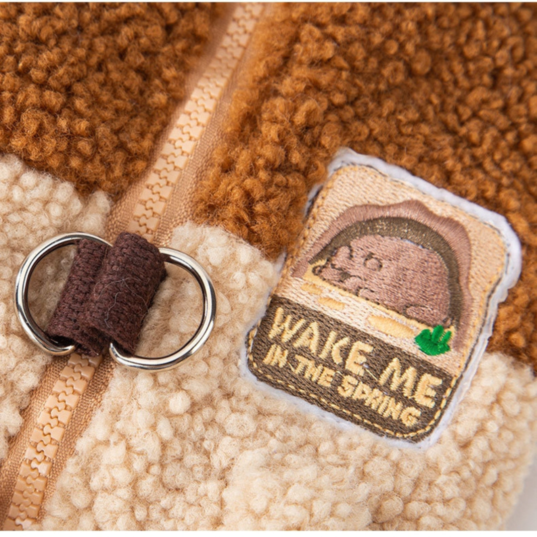 Wake Me In The Spring™ Squirrel Patch Pet Fleece Jacket | Color-Block Dog Coat With Leash Ring & Pockets