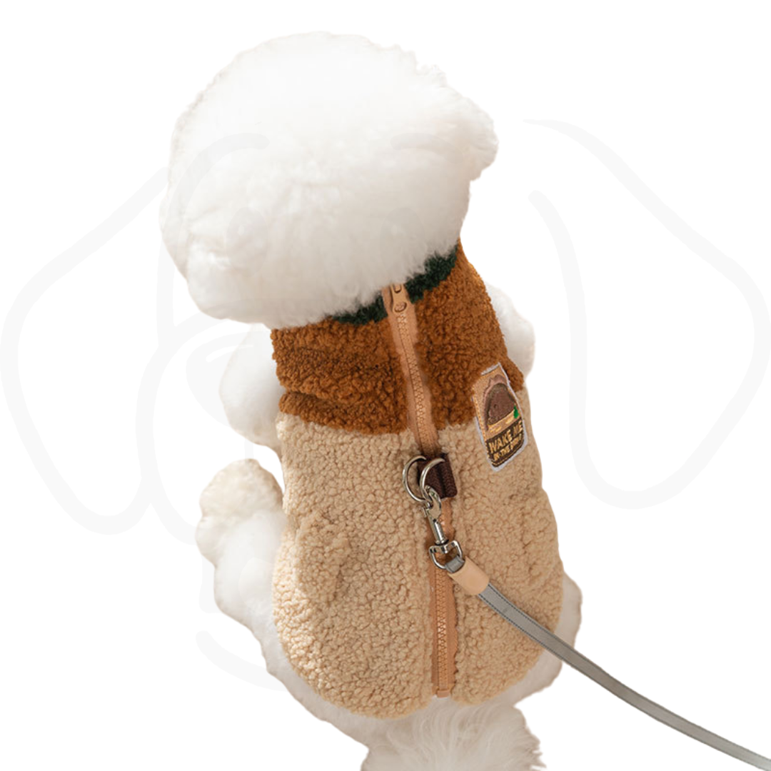 Wake Me In The Spring™ Squirrel Patch Pet Fleece Jacket | Color-Block Dog Coat With Leash Ring & Pockets