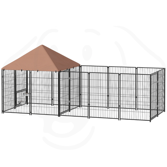 Large Outdoor Dog Kennel With Rotating & Adjustable Height Bowls, Waterproof & UV-Resistant Canopy, 11.3 X 4.7 X 5.1